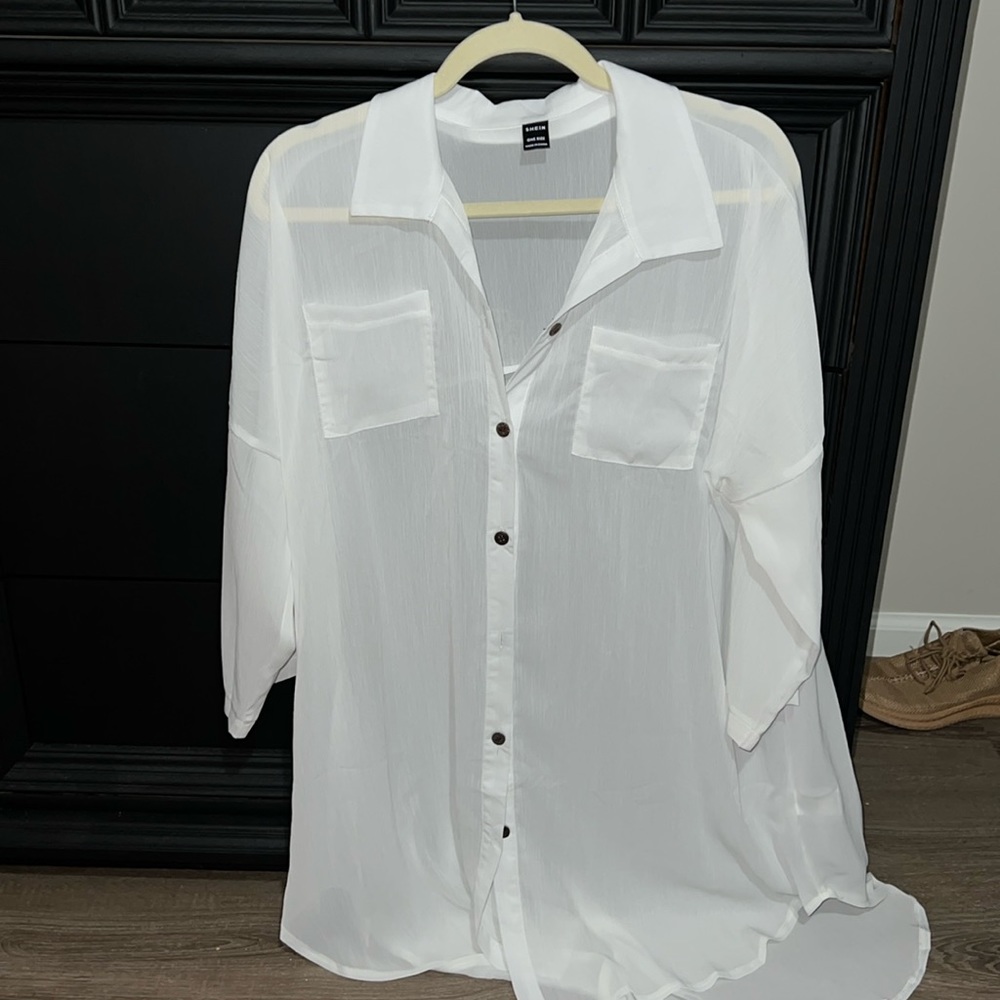 Long, white, sheer long sleeve button up top